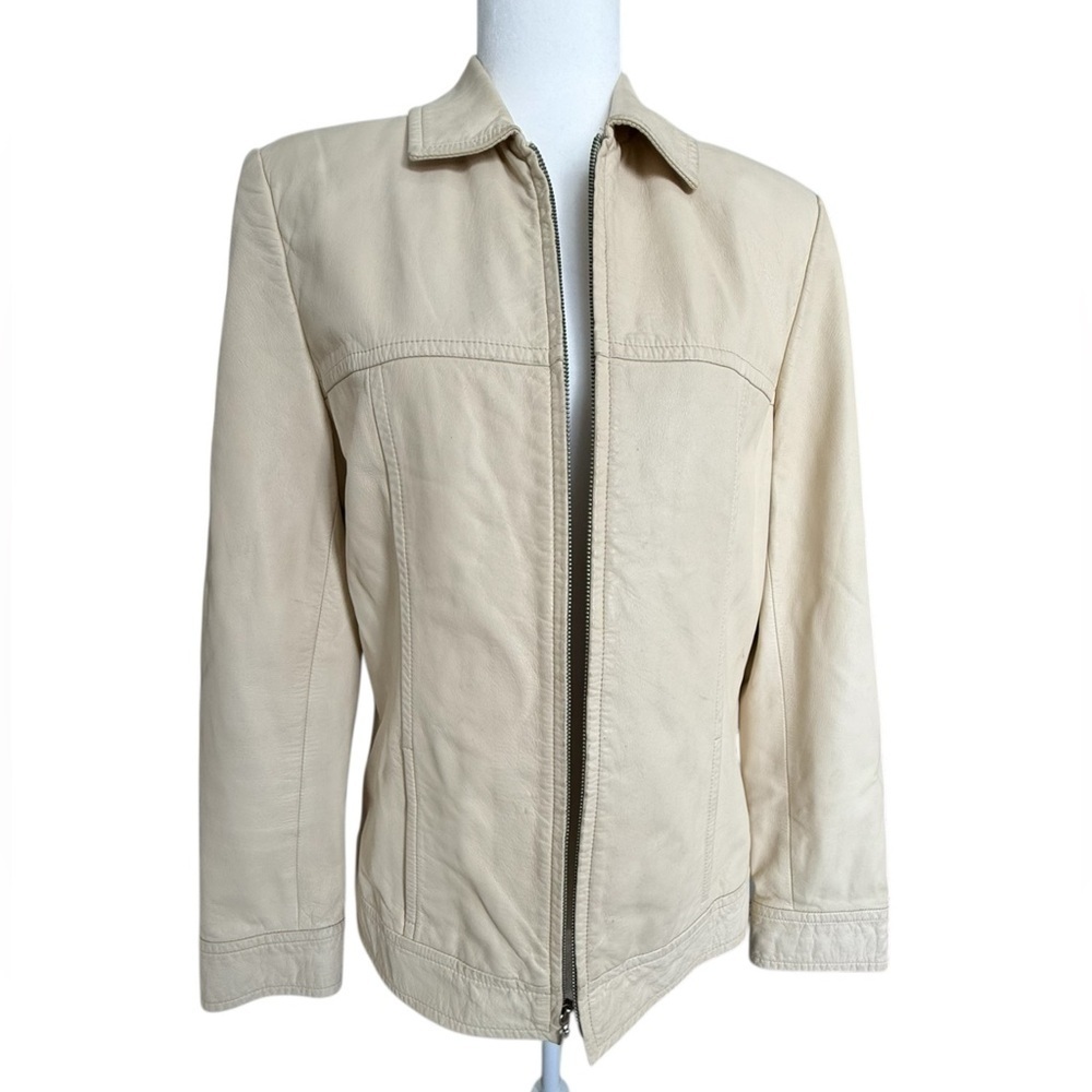 Dana Buchman Lamb Leather Jacket Blazer Womens 8 Beige Zip Front Soft Leather